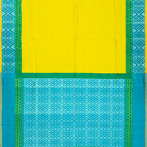 Lime Green Handloom Ikat Silk Saree With Contrast Turquoise Border