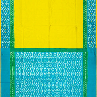 Lime Green Handloom Ikat Silk Saree With Contrast Turquoise Border