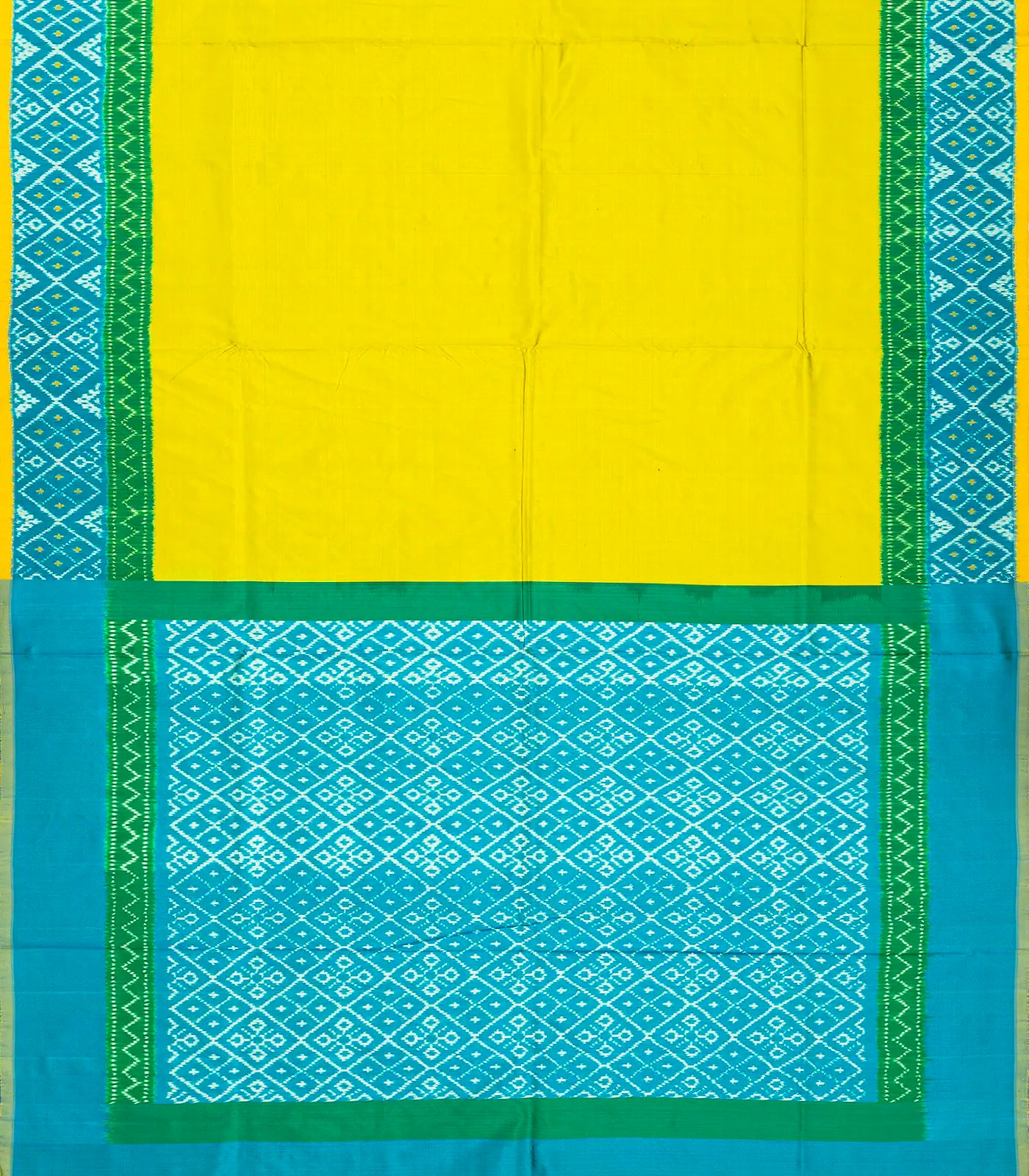 Lime Green Handloom Ikat Silk Saree With Contrast Turquoise Border