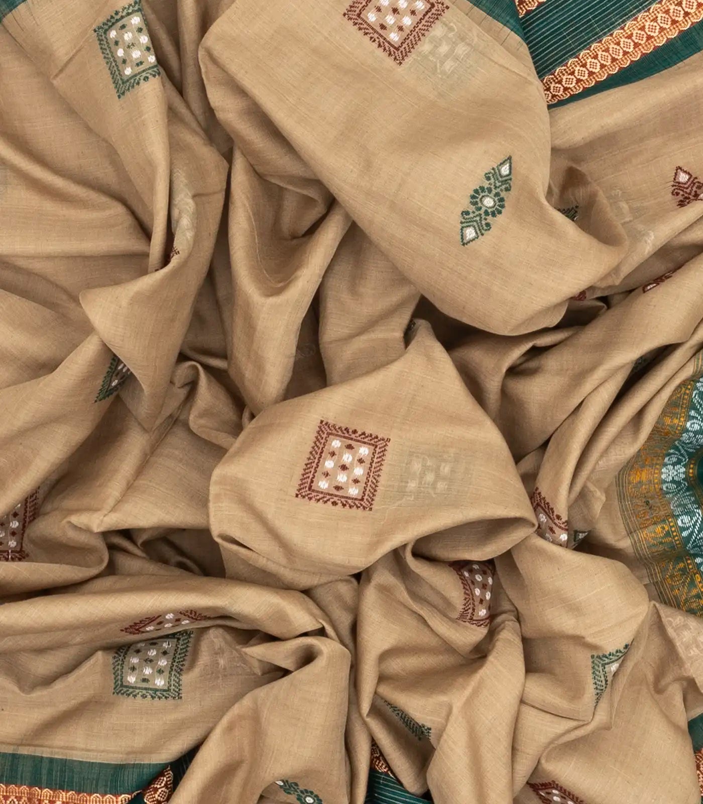 Beige Handwoven Orissa Cotton Saree With Floral Motif Buttas