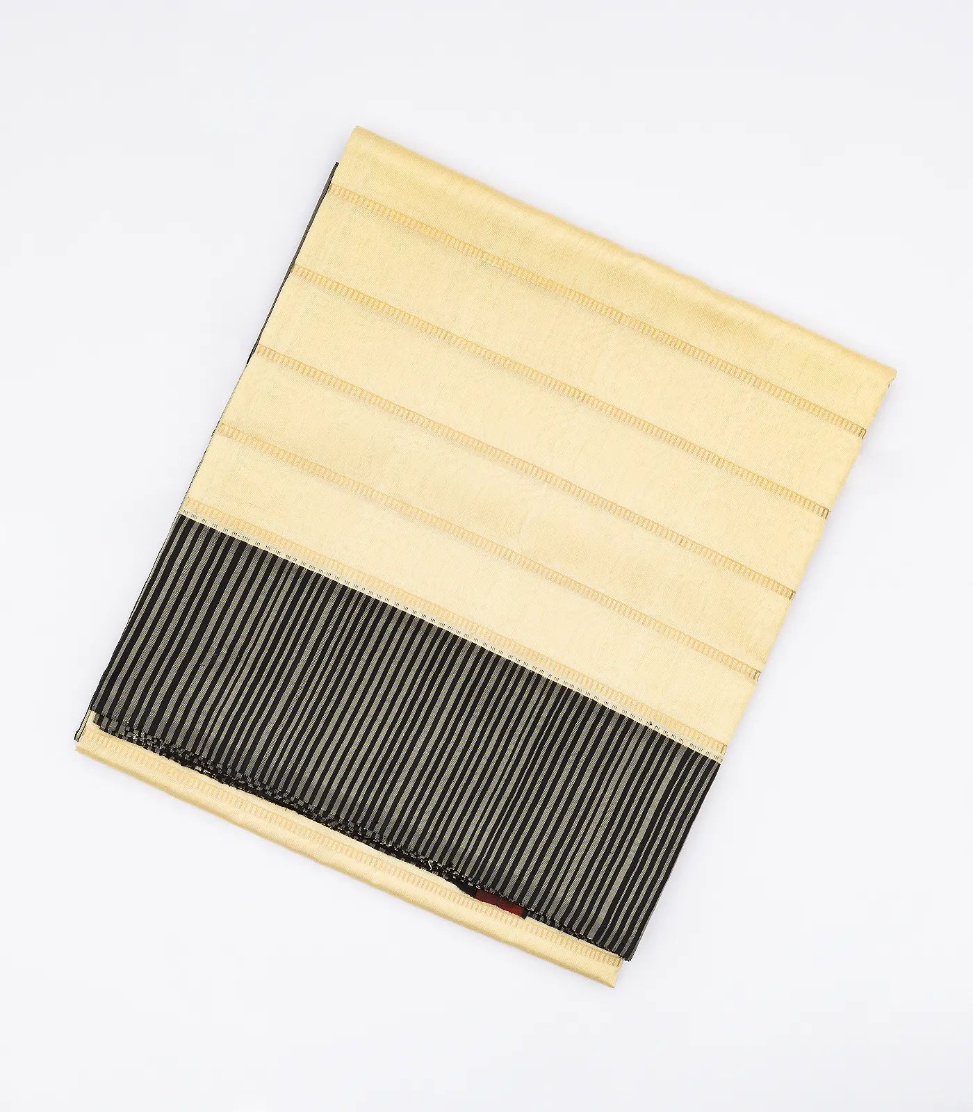 Cream Handloom Kora Silk Saree With Beldari Stripes & Black Border