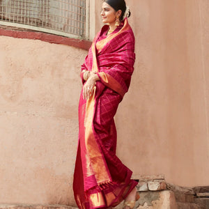 Crimson Handloom Kanchipuram Silk Saree With Zari Checks & Buttas