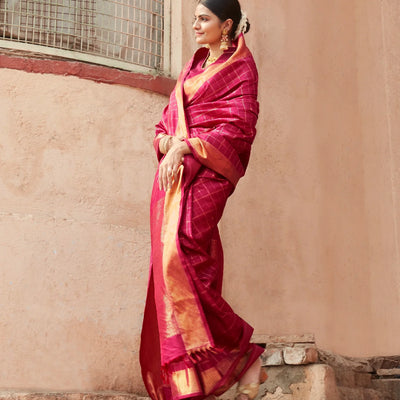 Crimson Handloom Kanchipuram Silk Saree With Zari Checks & Buttas