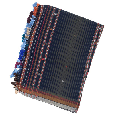 Midnight Blue Handloom Bhujodi Cotton Saree With Bhujodi/Kutch style Buttis