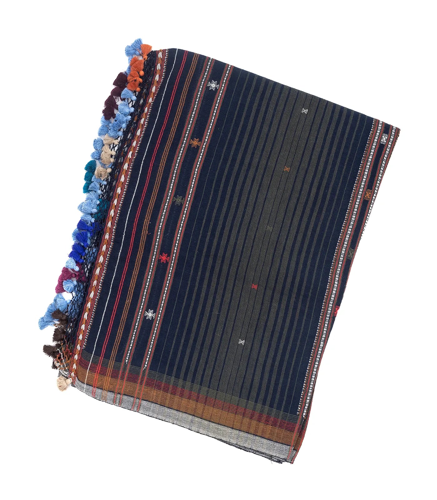 Midnight Blue Handloom Bhujodi Cotton Saree With Bhujodi/Kutch style Buttis