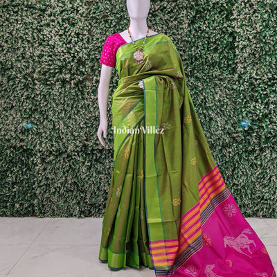 Parrot Green with Purple Handwoven Bishnupuri Silk Saree