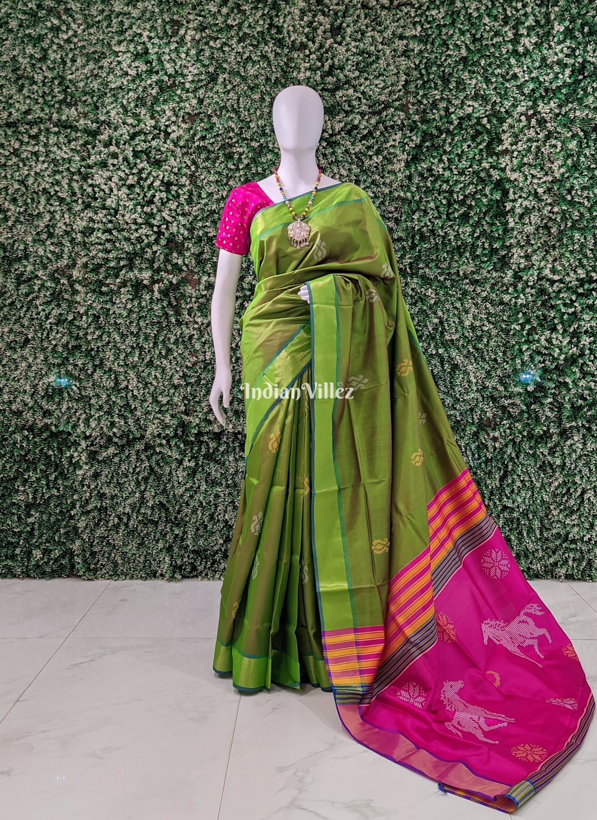 Parrot Green with Purple Handwoven Bishnupuri Silk Saree