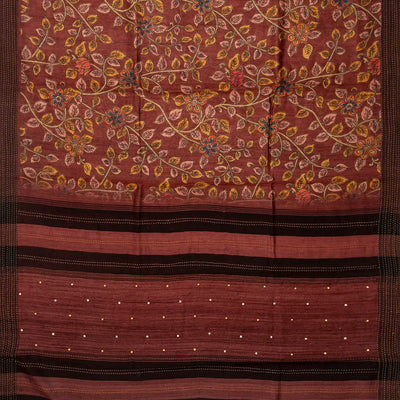 Dusty Pink Handloom Tussar Silk Saree Printed With Floral Vine Motifs-Dusty Pink