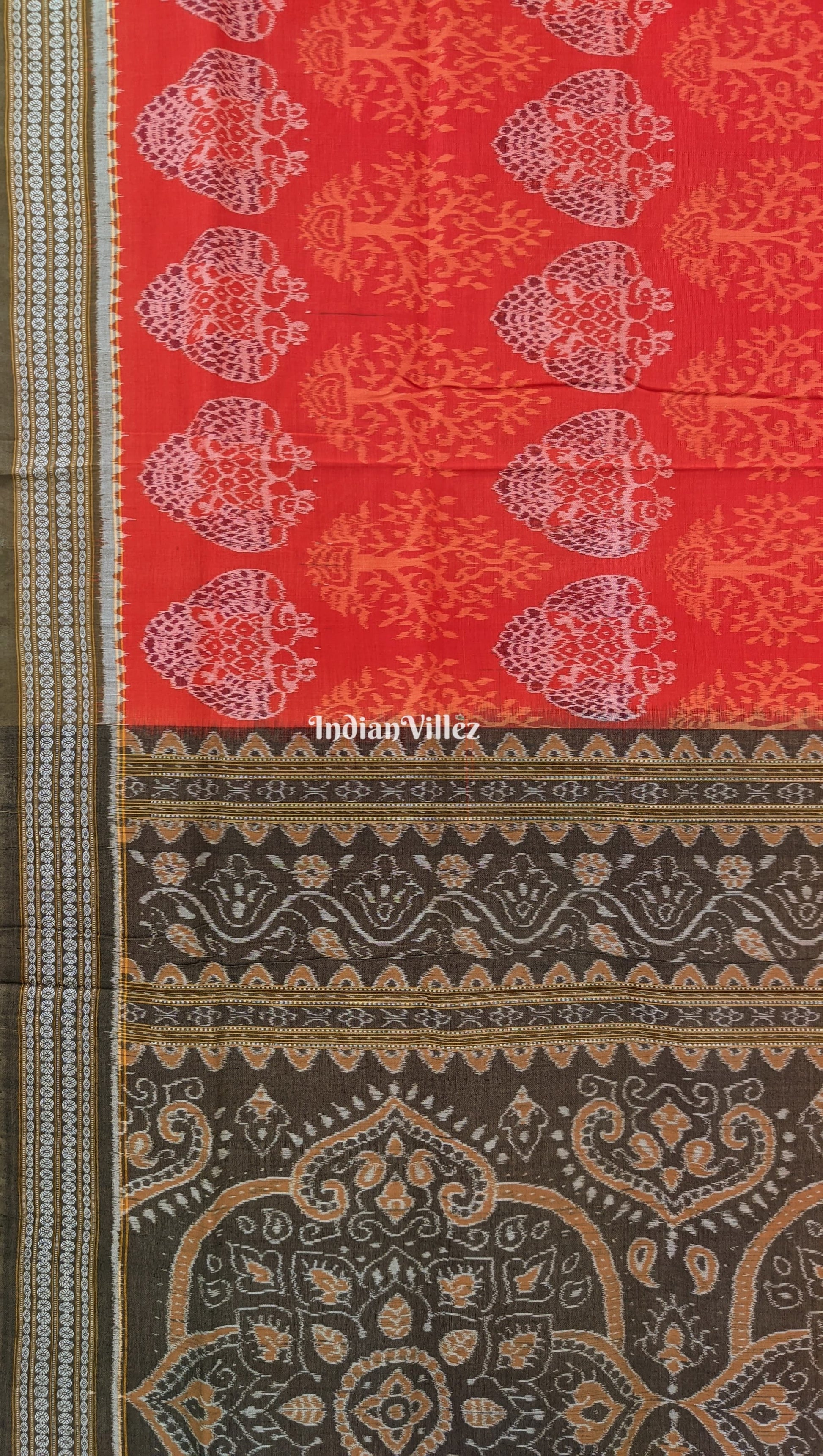 Orange Tree Theme Pure Sambalpuri Ikat Cotton Saree