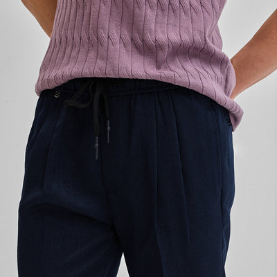 Navy Textured Relaxed Fit Trousers