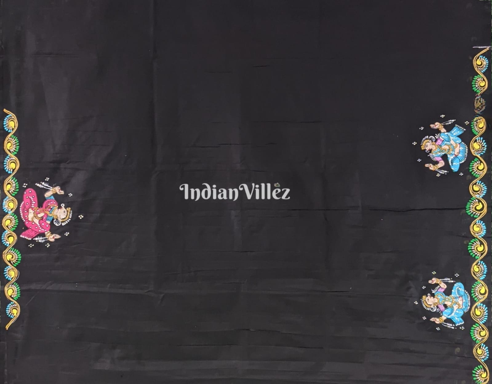 Black Radha Krishna Hand-Painted Pattachitra Saree (PRE ORDER)