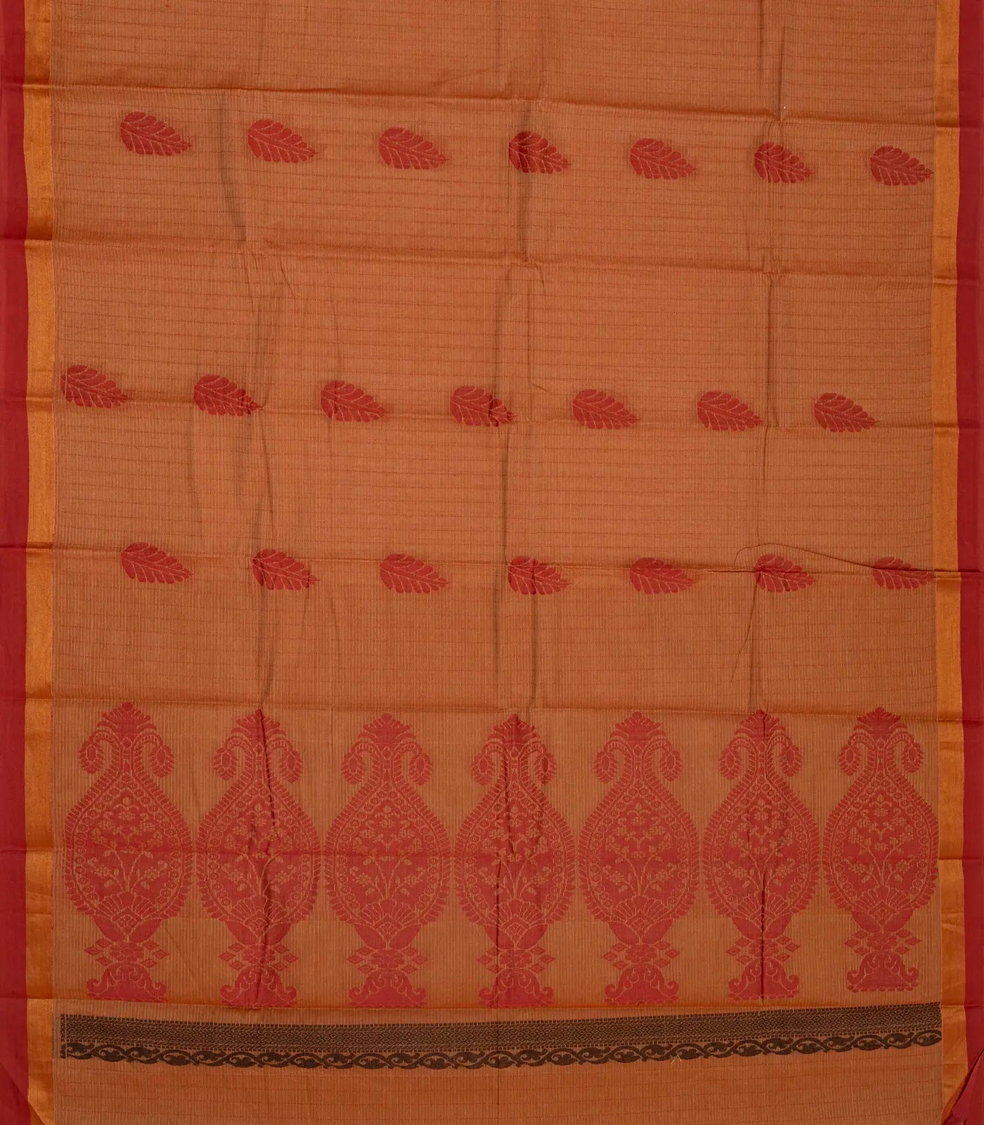 Rust Handloom Rasipuram Cotton Saree With Stripes & Buttas