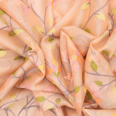 Light Peach Handwoven Banarasi Organza Silk Saree With Floral Motifs