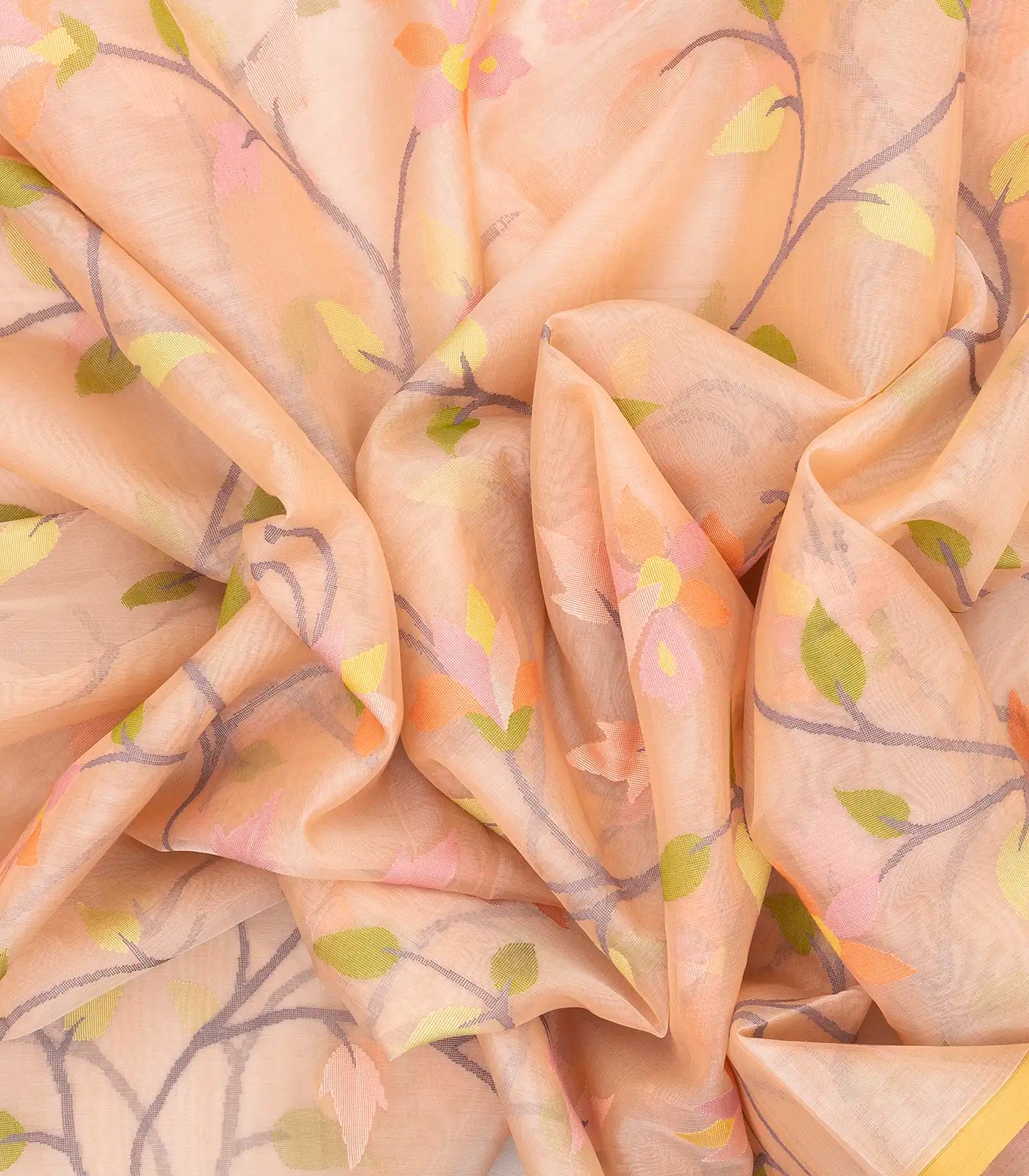 Light Peach Handwoven Banarasi Organza Silk Saree With Floral Motifs