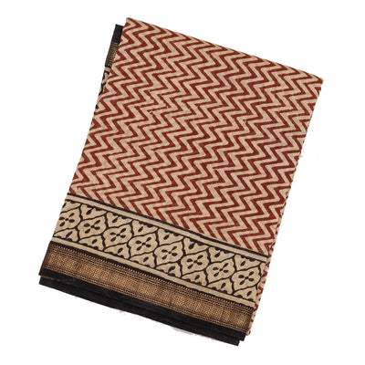 Rust Handloom Chanderi Cotton Saree With Printed Chevron Motifs