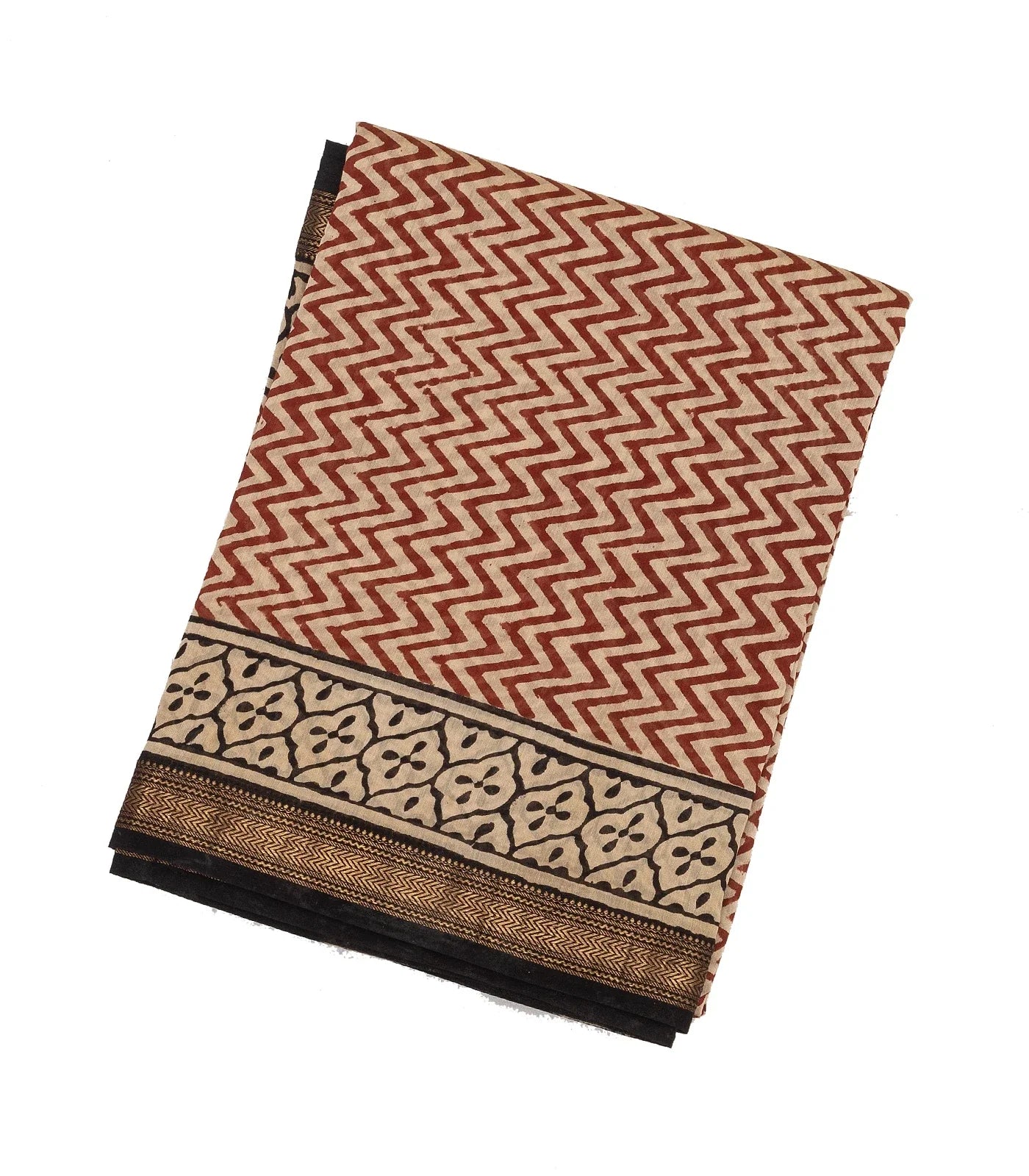 Rust Handloom Chanderi Cotton Saree With Printed Chevron Motifs