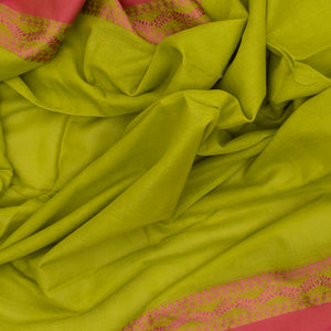 Green Handloom Plain Bengal Cotton Saree With Pink Border