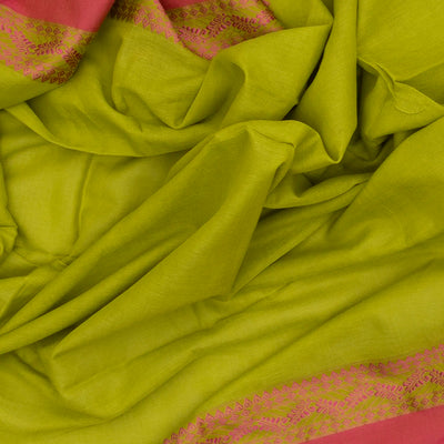 Green Handloom Plain Bengal Cotton Saree With Pink Border