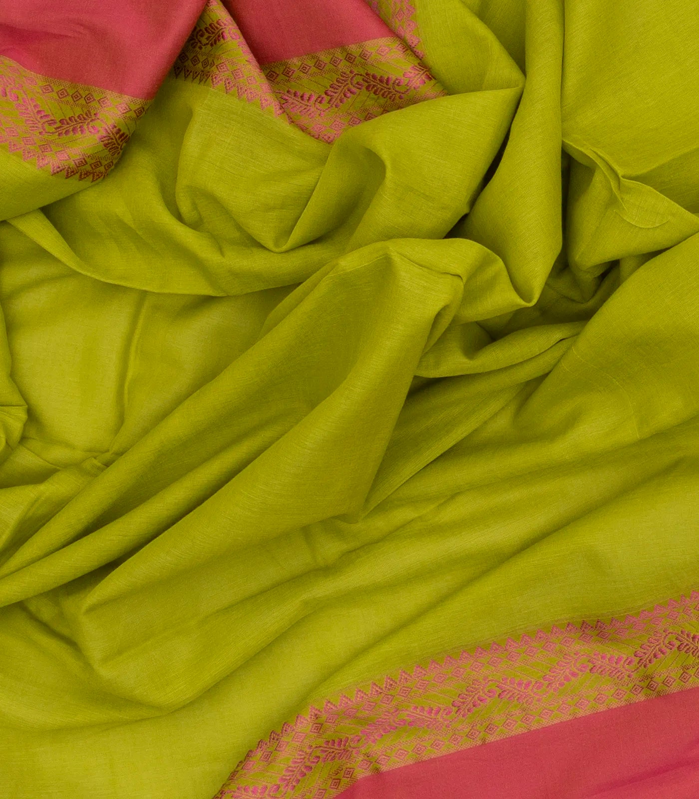 Green Handloom Plain Bengal Cotton Saree With Pink Border