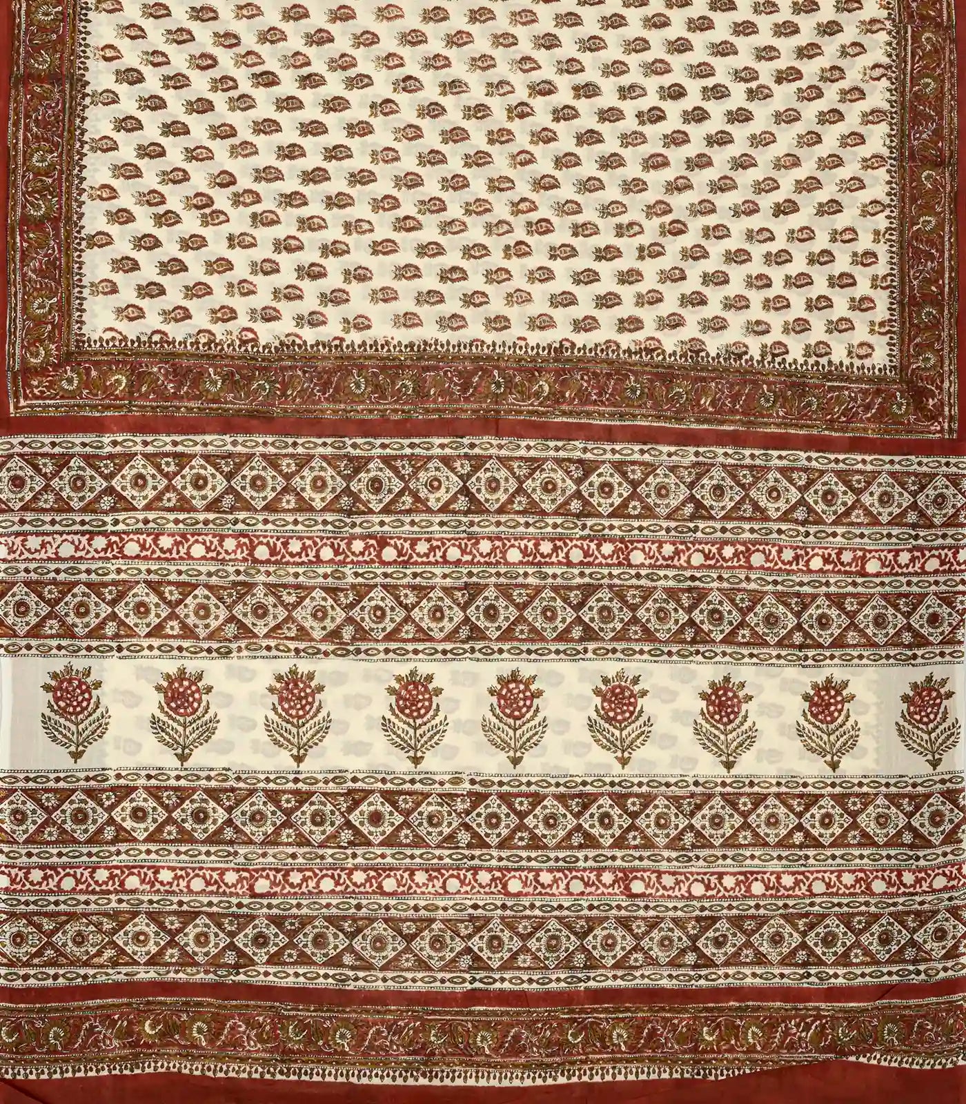 White Woven Jaipur Cotton Saree Printed With Floral Motifs