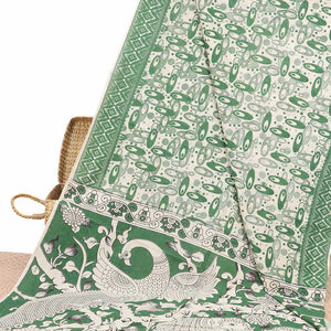 Green geometric machine-printed kalamkari cotton saree, diamond border & God Krishna Radha motifs pallu