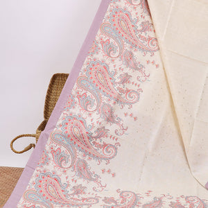 Cream mukesh print semi-banaras tussar saree with contrast plain border & paisley motifs pallu