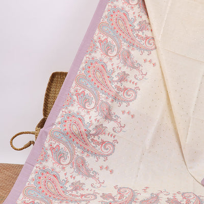 Cream mukesh print semi-banaras tussar saree with contrast plain border & paisley motifs pallu