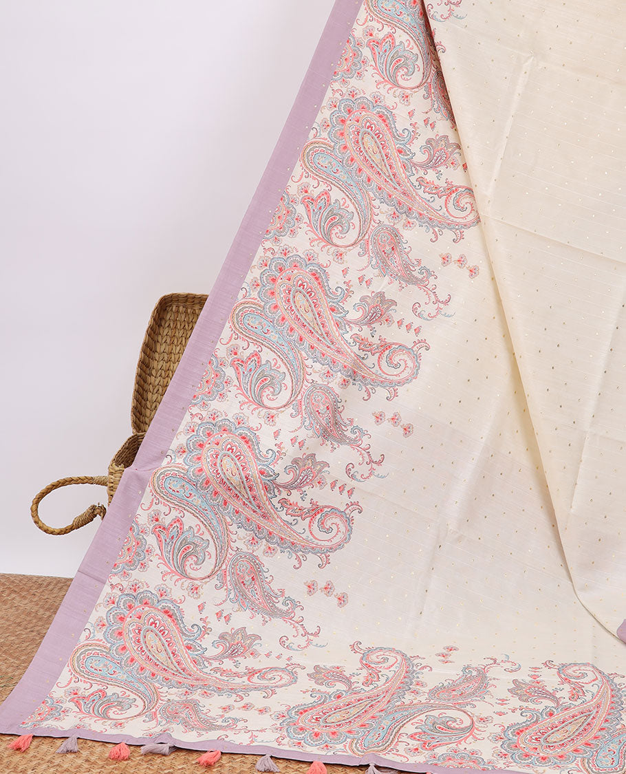 Cream mukesh print semi-banaras tussar saree with contrast plain border & paisley motifs pallu
