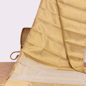 Mustard geometric design semi-banaras tissue silk saree with fringe border & floral vine design pallu