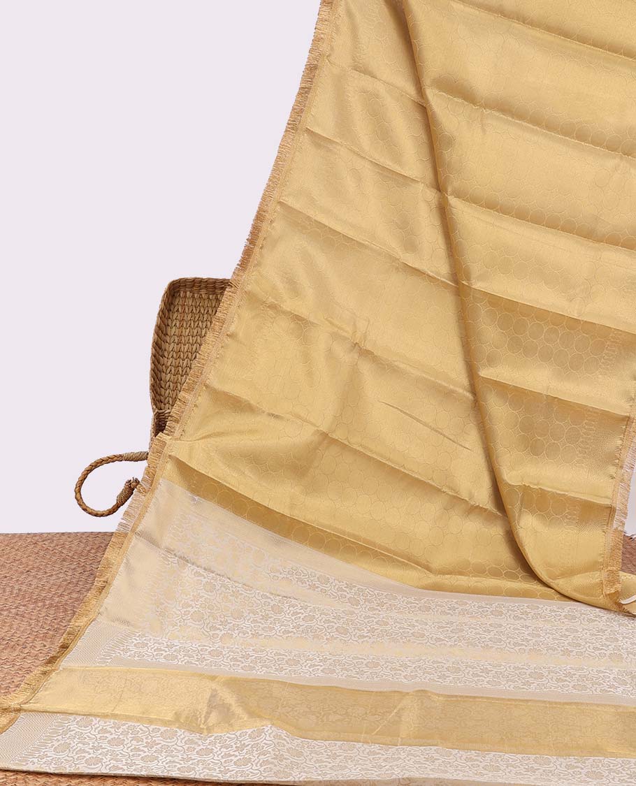Mustard geometric design semi-banaras tissue silk saree with fringe border & floral vine design pallu