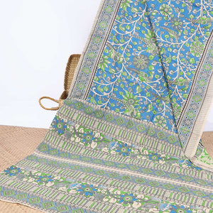 Blue floral & bird machine-printed kalamkari cotton saree, contrast diamond border & floral motif pallu