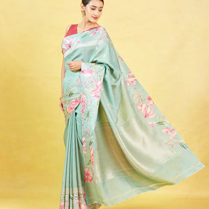 Aquamarine Handloom Tussar Silk Saree With Printed Border