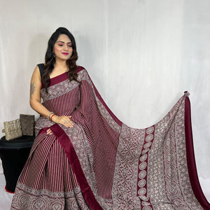 Modal Silk Authentic Hand Blocked Ajrakh work Saree