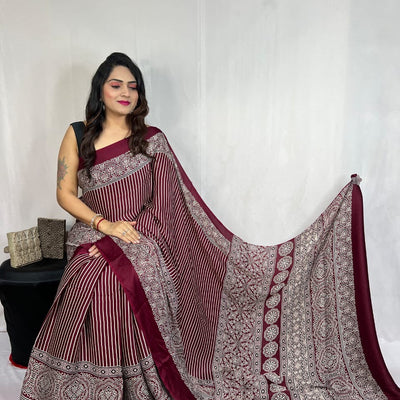 Modal Silk Authentic Hand Blocked Ajrakh work Saree