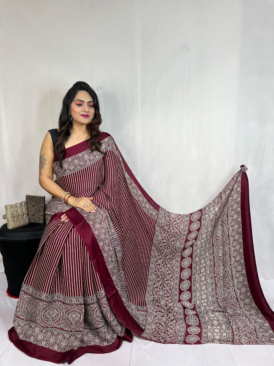Modal Silk Authentic Hand Blocked Ajrakh work Saree
