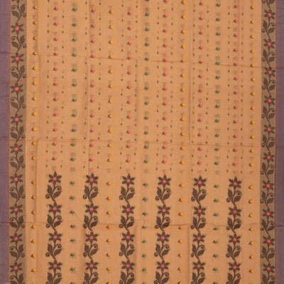 Brown Bengal Cotton Saree With Floral Motifs