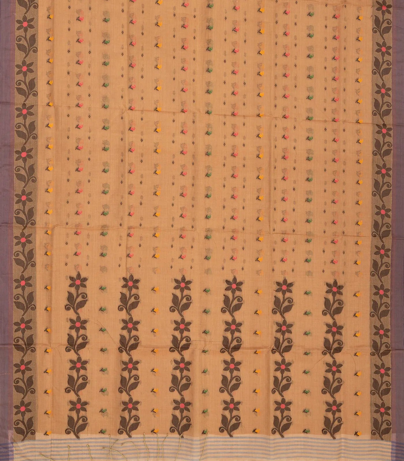 Brown Bengal Cotton Saree With Floral Motifs
