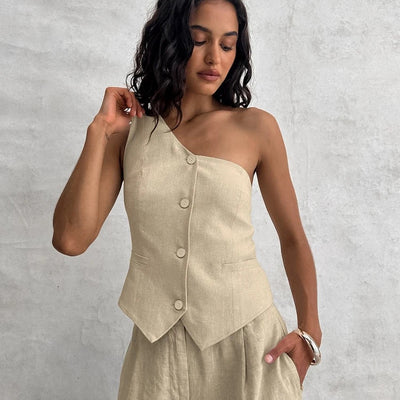 Boled Statement Vest Suit with Pants in Khaki