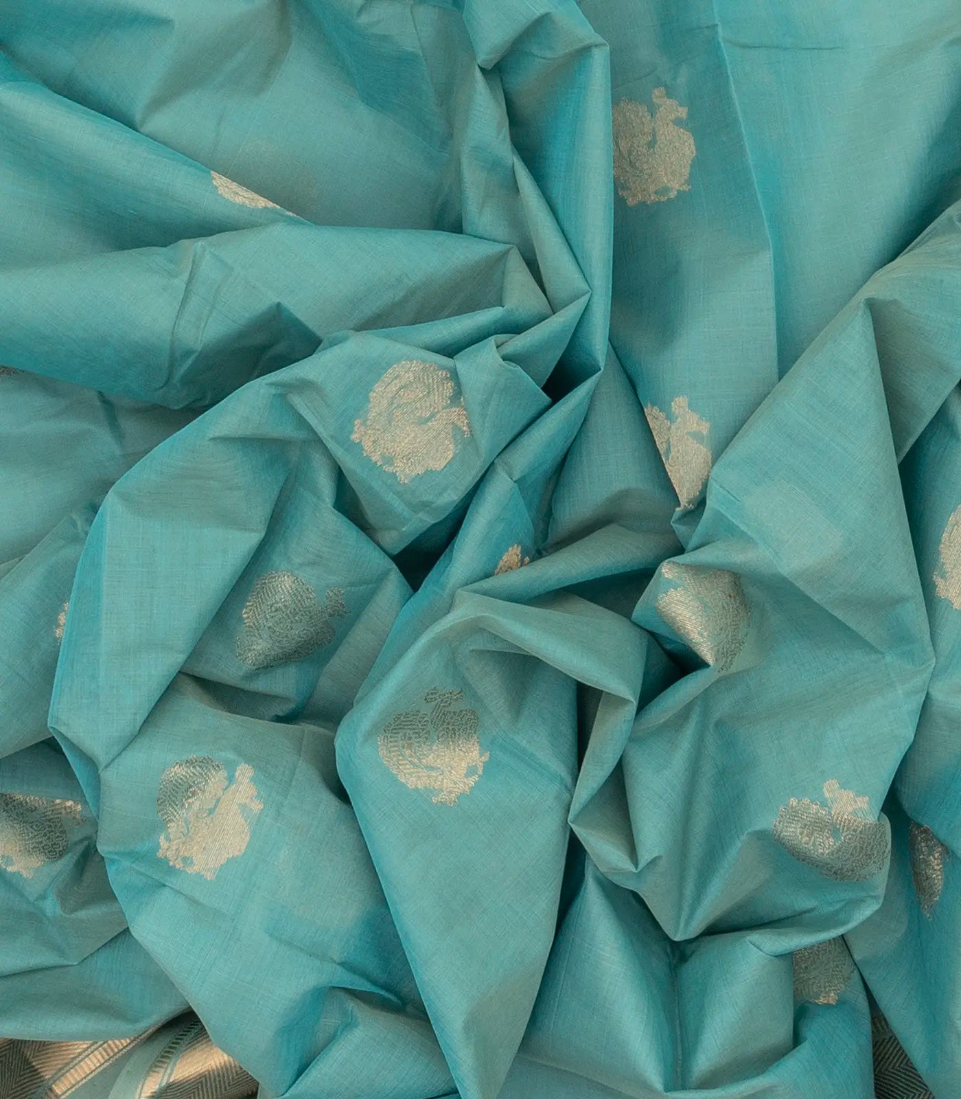 Turquoise Handloom Kanchi Cotton Saree With Annam Buttas