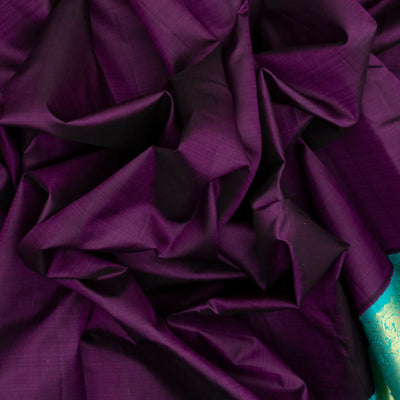 Purple Handloom Korvai Kanchipuram Silk Saree With Turquoise Border