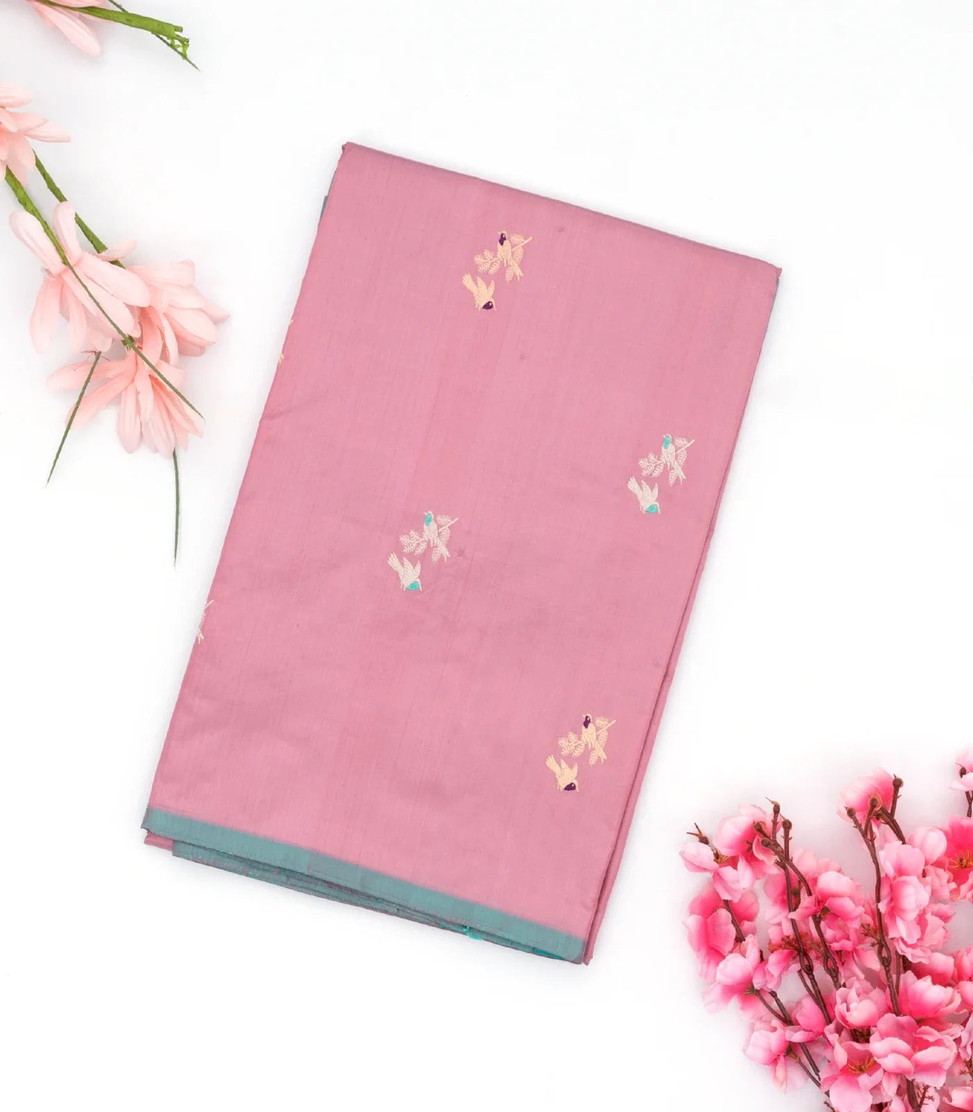 Dusty Pink Handloom Banarasi Silk Saree With Meena Bird Buttas