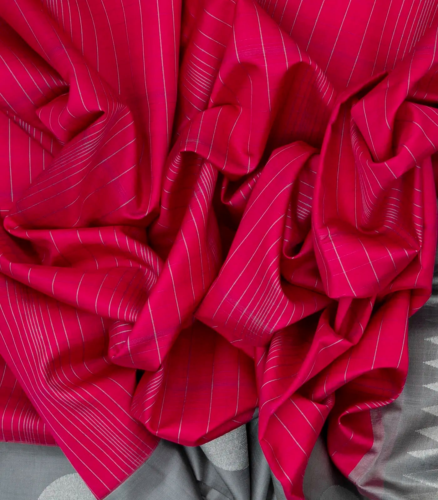 Pink Handloom Kora Silk Saree With Abstract Checks & Grey Border