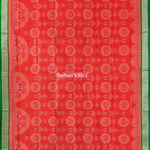 Orange Green Laxmi Pada Jhoti Design Sambalpuri Ikat Bomkai Silk Saree