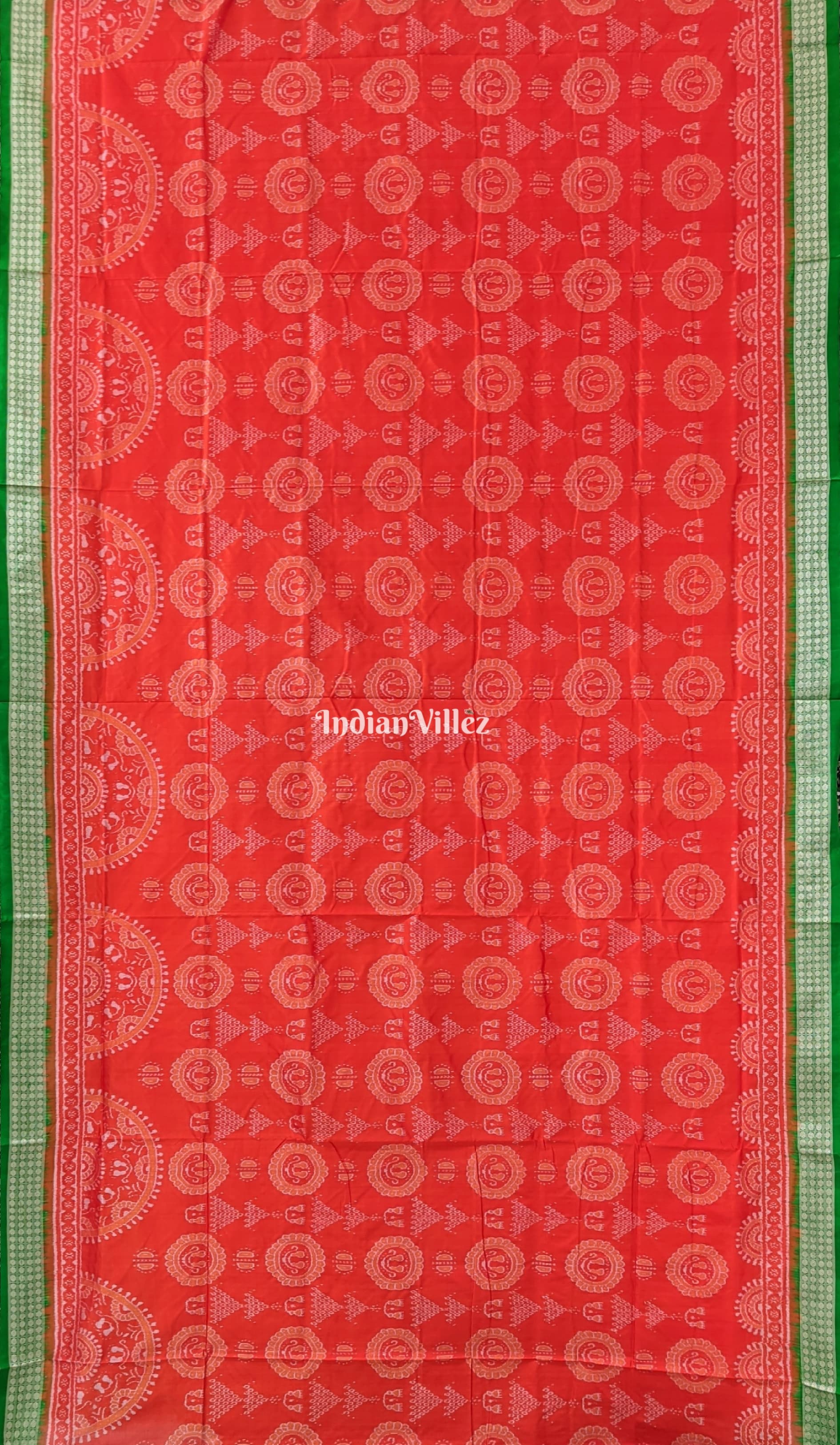 Orange Green Laxmi Pada Jhoti Design Sambalpuri Ikat Bomkai Silk Saree