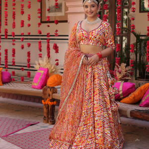 Creamy Crimson Blaze Printed Satin Lehenga Set