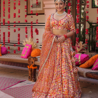 Creamy Crimson Blaze Printed Satin Lehenga Set