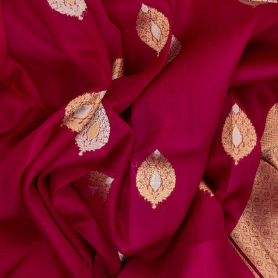 Hot Pink Woven Organza Silk Saree With Floral Motifs