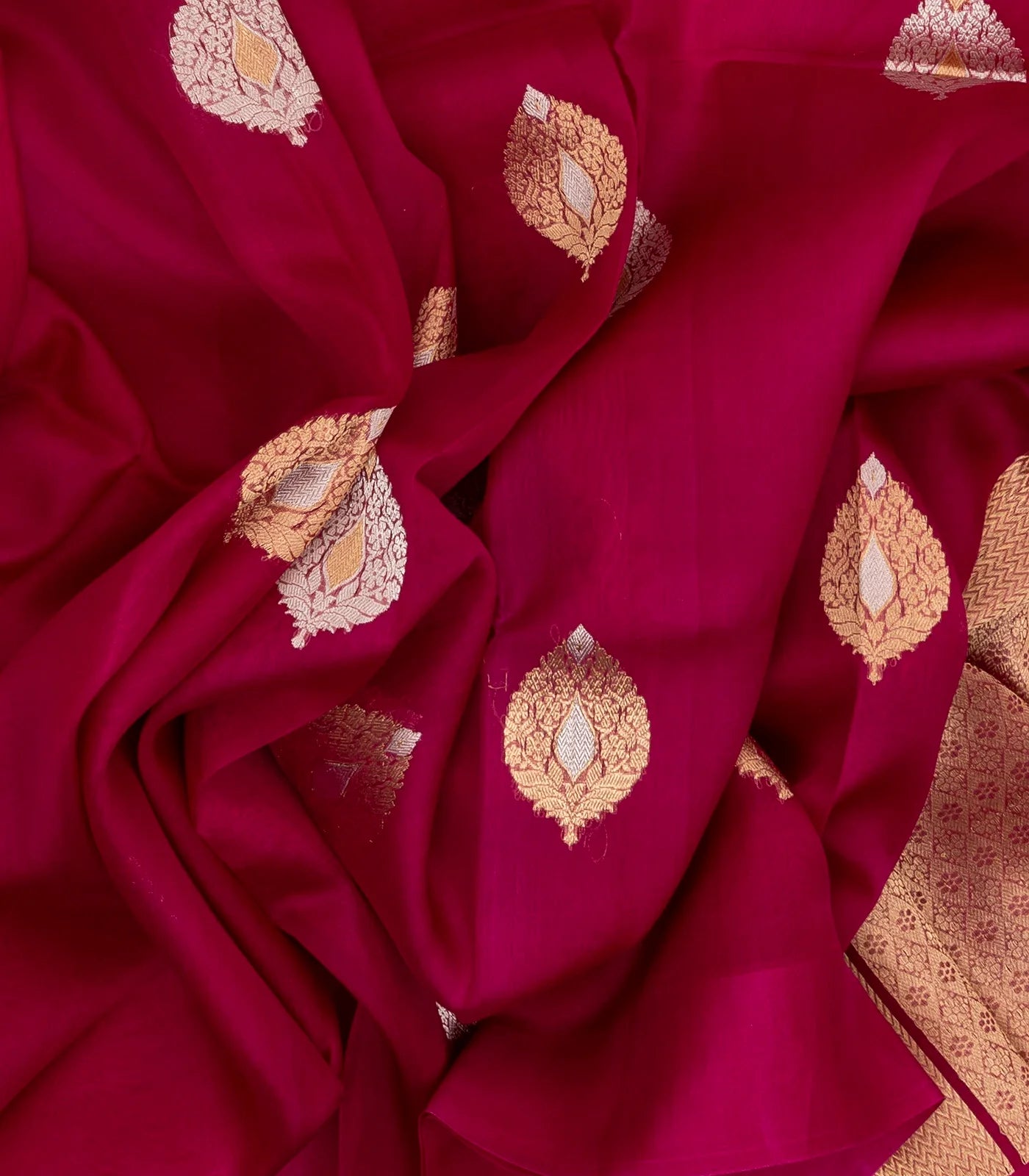 Hot Pink Woven Organza Silk Saree With Floral Motifs