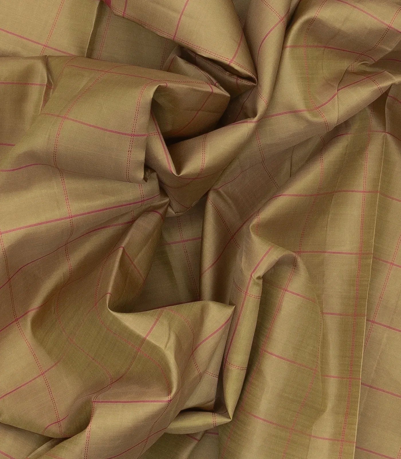 Taupe Silk Saree With Checks & Pink Border