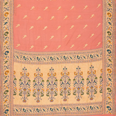 Light Peach Handwoven Banarasi Khaddi Georgette Silk Saree With Peacock Motifs
